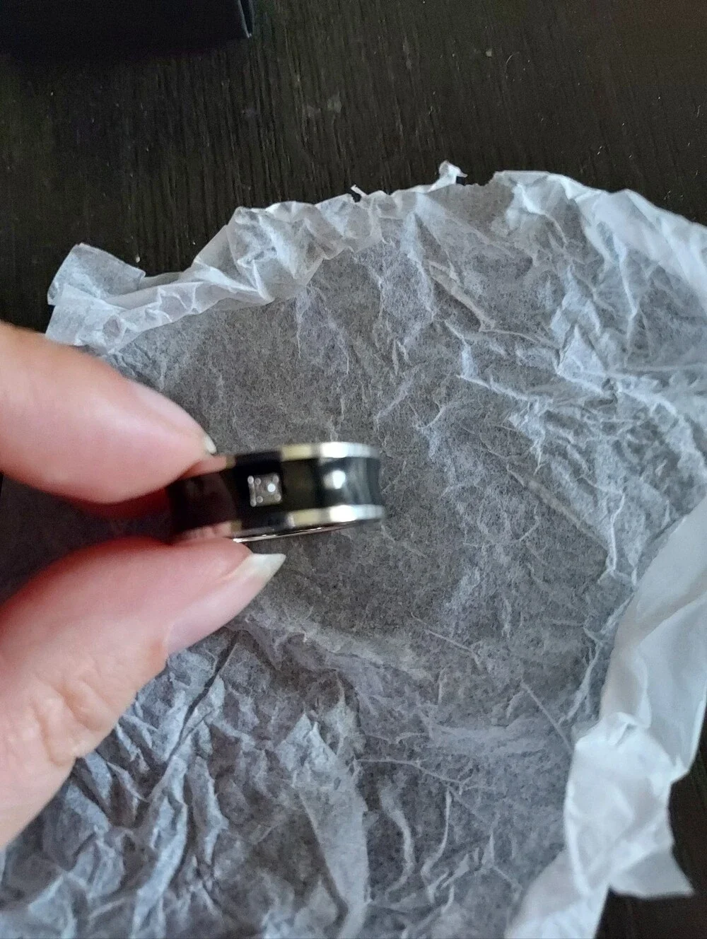 Avon Black and Silver Men's Ring with Square Crystal Accent